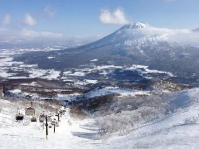 Niseko lift with Mount Youtei view on bluebird day and opening dates for 2023-24 ski season