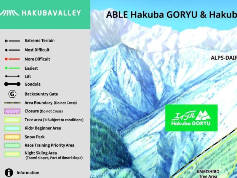 The Goryu and Hakuba 47 trail map shows the connected lift network across both resorts, with strong intermediate terrain and Hakuba's largest terrain park accessible on a single lift pass.