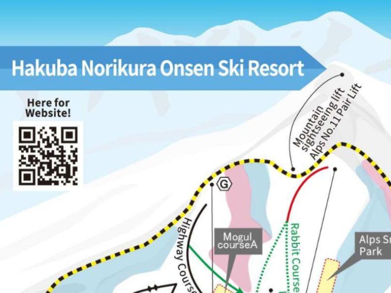 The Cortina and Norikura trail map covers the northern end of the valley, known for its deep powder, tree skiing, and the connecting ski trail between both resorts.
