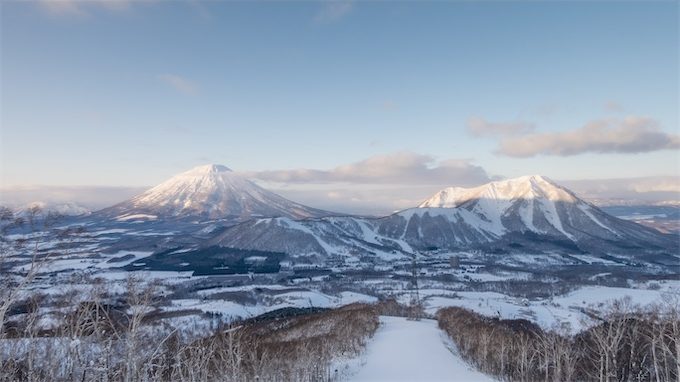 Panoramic view of Rusutsu Resort and surrounding snowy mountains.