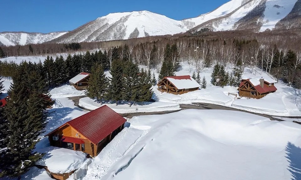 Aerial view of log cabin villas with red roofs in a snow-covered forest at Rusutsu Resort, Japan.