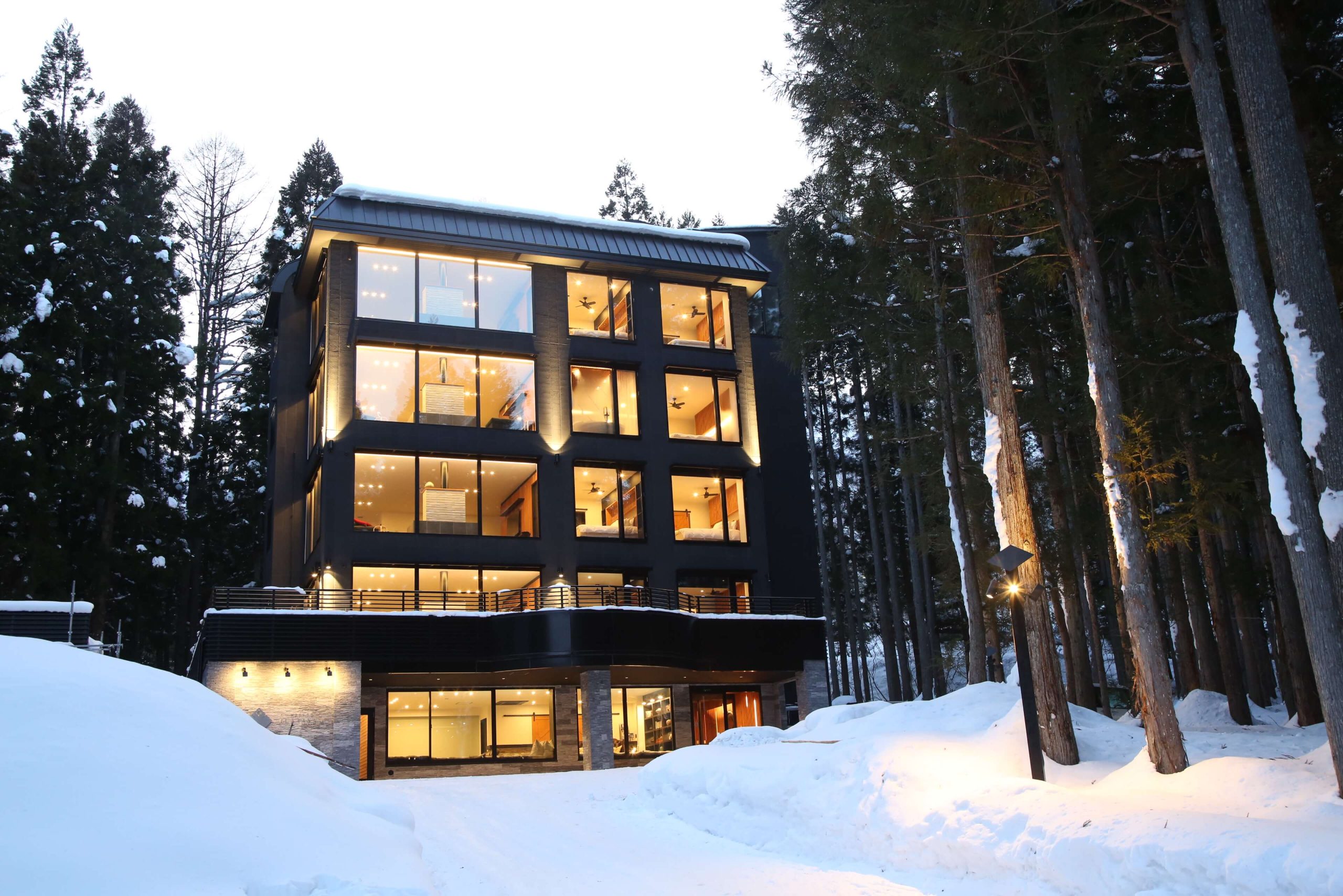 Luxury multi-story black apartment building with glowing windows nestled in a snowy forest at night.