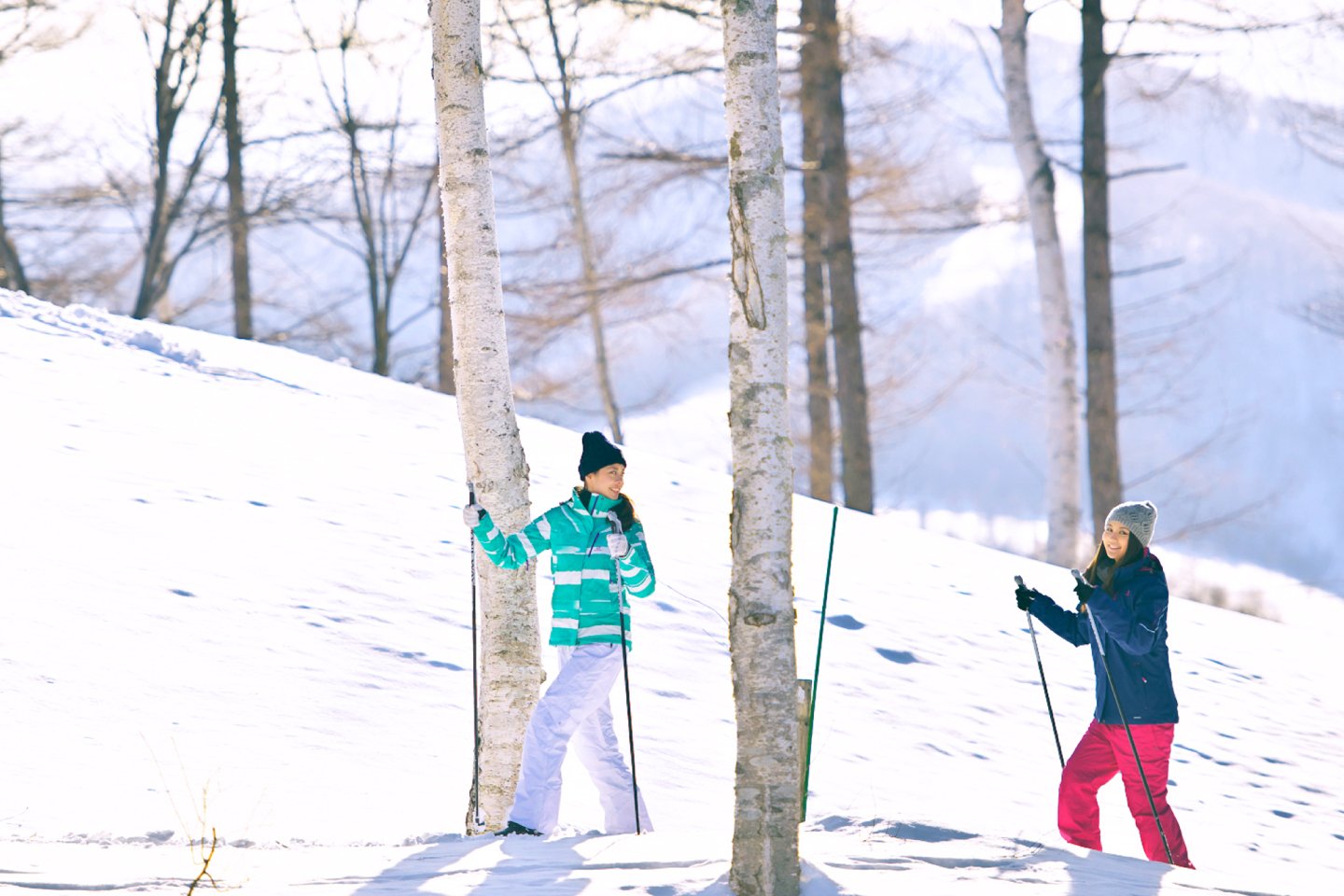 Two women hiking through a snowy birch forest on a sunny day at Rusutsu Resort.