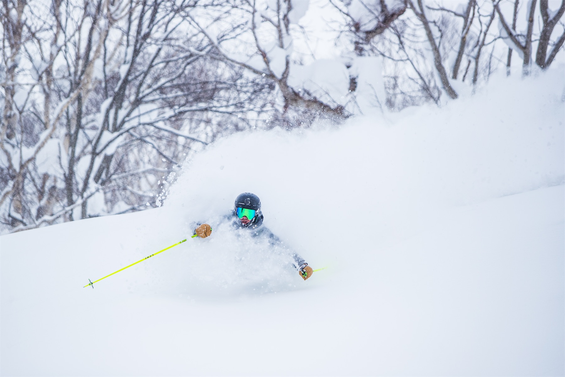 Skier submerged in deep powder snow with bright yellow poles and a forest background.