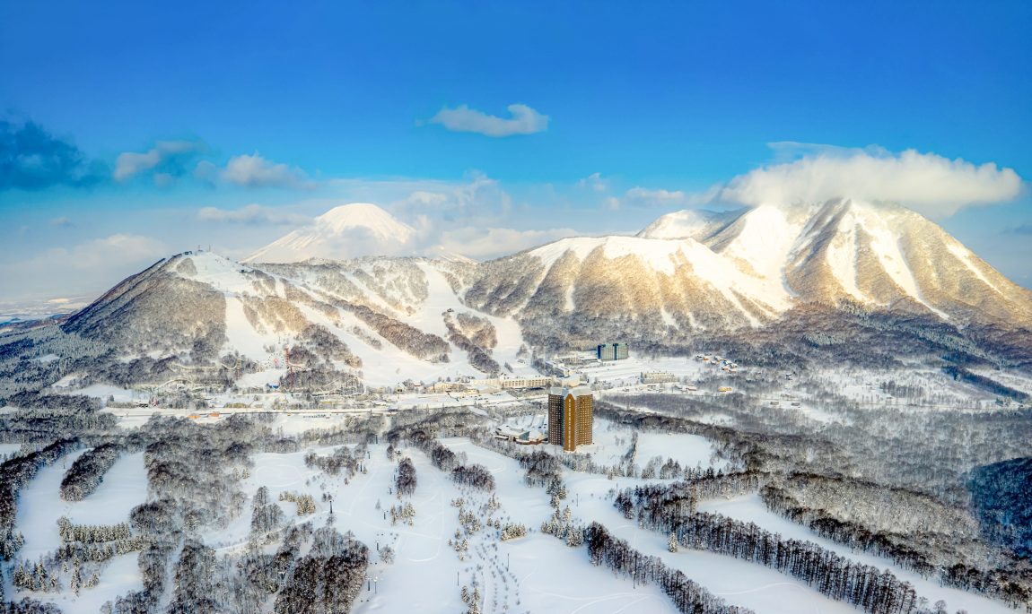 Rusutsu ski resort in winter with Mt. Yotei in the background