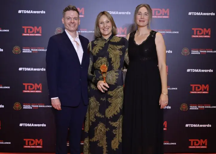 (left to right) ben thorpe, lindsay colbert and justine anbeek, collecting award for best speciality travel agent to japan at the travel daily media awards in november 2025